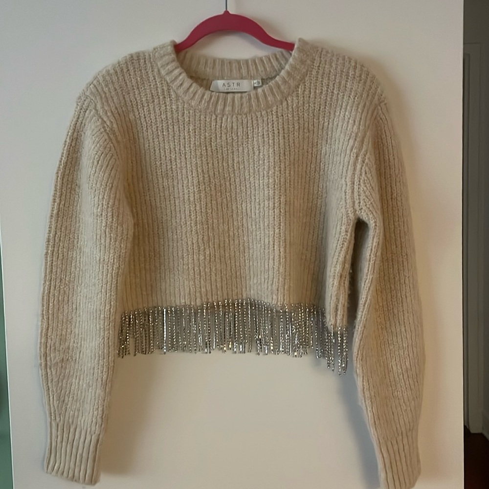 Cropped sweater with rhinestone fringe